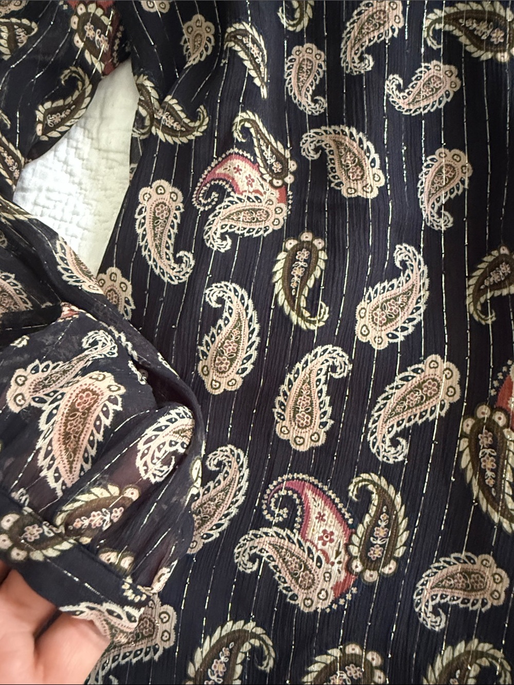 Massimo Dutti Black Paisley Blouse with Metallic Pinstripes Long Sleeves Sz 8 - Picture 7 of 10